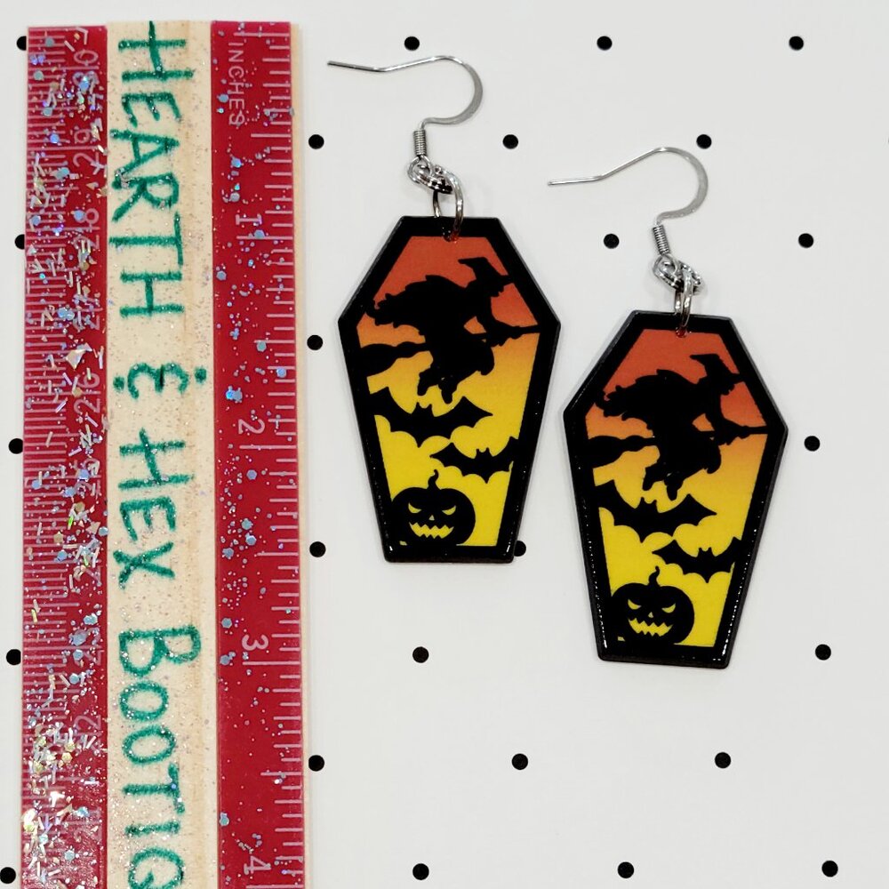Yellow Orange Witch with Bats and Pumpkin Coffin Earrings Stainless Steel Hooks - Picture 3 of 6